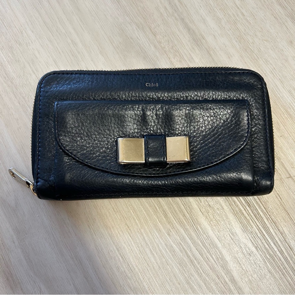 Chloe Black‎ Leather Gold Bow Zip Around Wallet